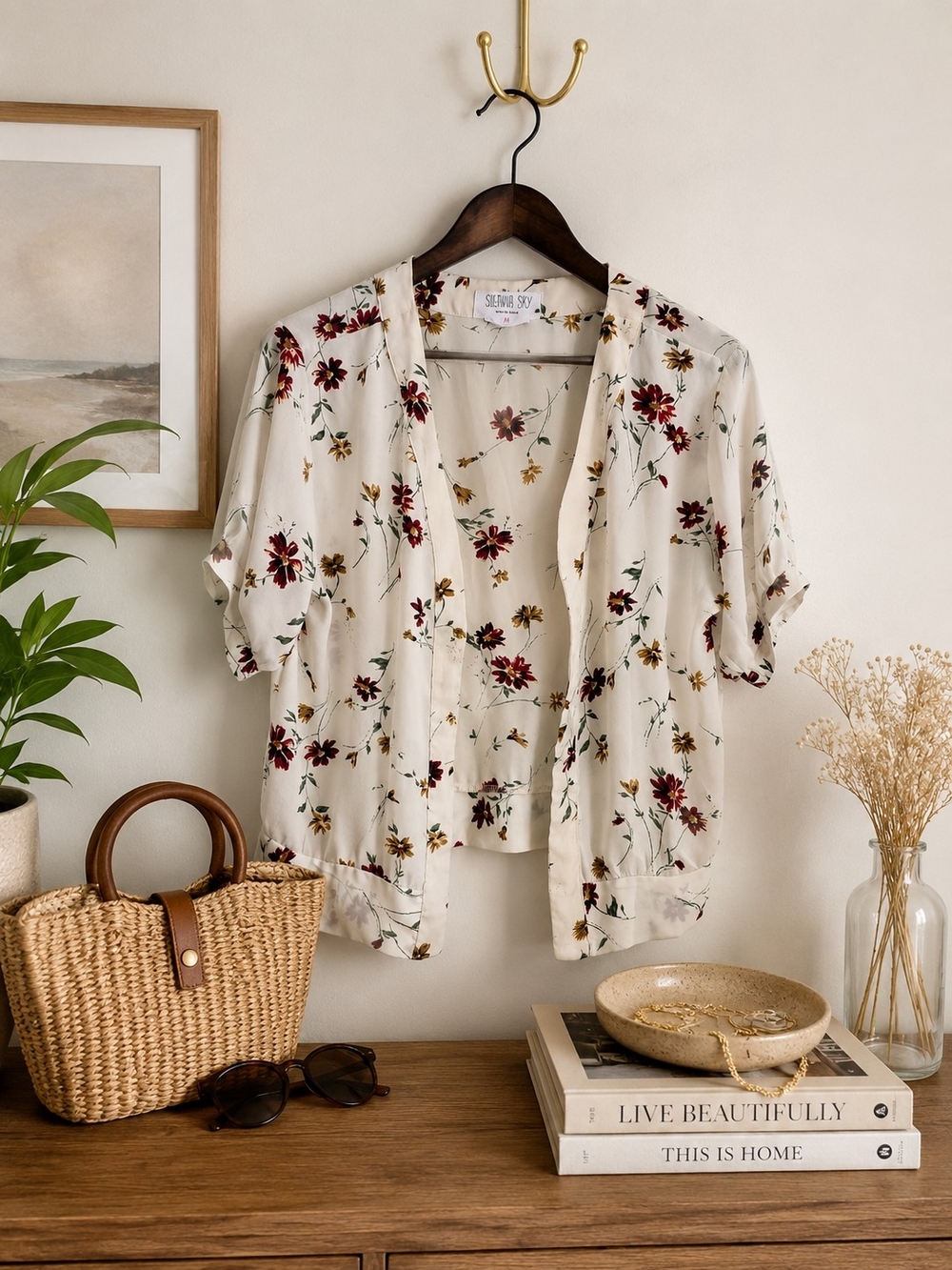 Sienna Sky Floral Open Front Kimono Cardigan | Cream Burgundy Print | Size M